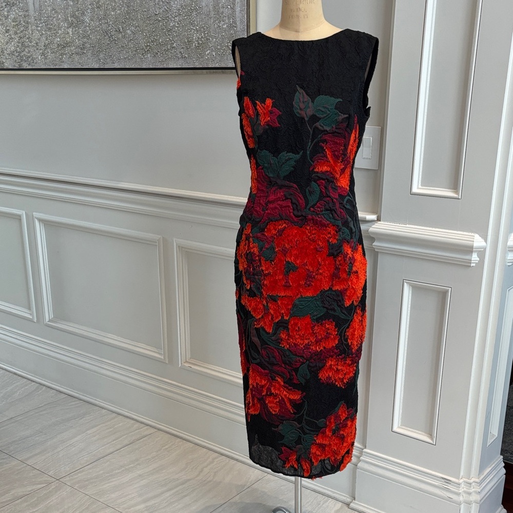 Oscar de la Renta Black and Red Floral Midi Dress NWOT